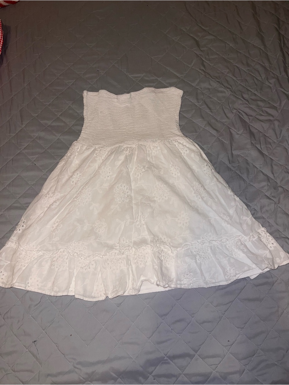 Strapless White Eyelet Summer Dress with Ruffle Hem